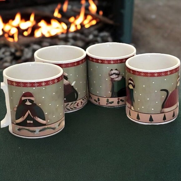 The Sakura Table by Oneida Fiddlestix Holiday Cats 4 PC Mug set Kittens in Coats - Picture 1 of 11